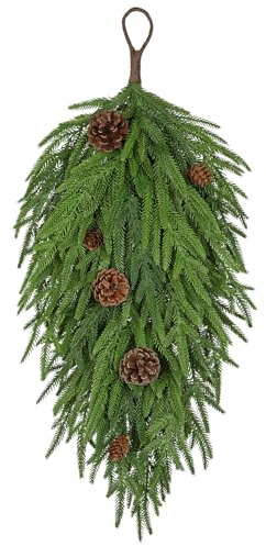 Künstliche Norfolk-Tannenzweig Teardrop Girlande 72 cm – Weihnachtsdekoration Hängedeko Christmas Swag mit Kiefernzapfen, Immergrün Wand- und Türdeko Winterdeko Weihnachtsdeko