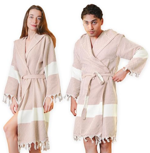 Loomvia Leichter Bademantel aus 100% Baumwolle 240 g/m² | XL | Unisex Morgenmantel für Damen & Herren – Weich, Saugfähig & Atmungsaktiv | Ideal als Saunamantel, Spa oder Zuhause Beige