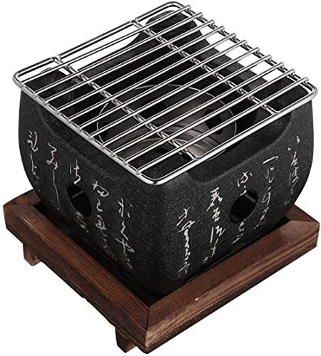 Griglia giapponese per barbecue con base in legno in lega di alluminio, da tavolo, a carbone, per uso domestico, campeggio, cucina all'aperto, S