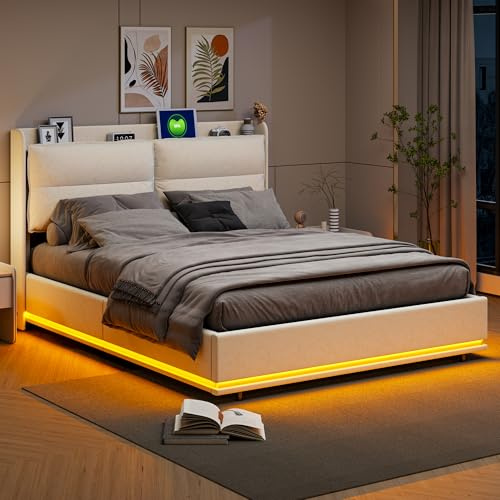 JiaOyu Doppelbett 160x200 cm mit Stauraum, USB-Ladefunktion und gepolsterter Rückenlehne, Modernes Polsterbett Stauraumbett mit LED-Beleuchtung, Beige Schlafzimmerbett, ohne Matratze (F, 160X200CM)