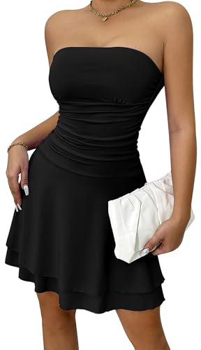 Ausing Dam bodycon-miniklänning med naken axel, chic sexig rynkad pannbandsklänning för klubb/fest/cocktail/kväll, storlek XS–L, svart, M