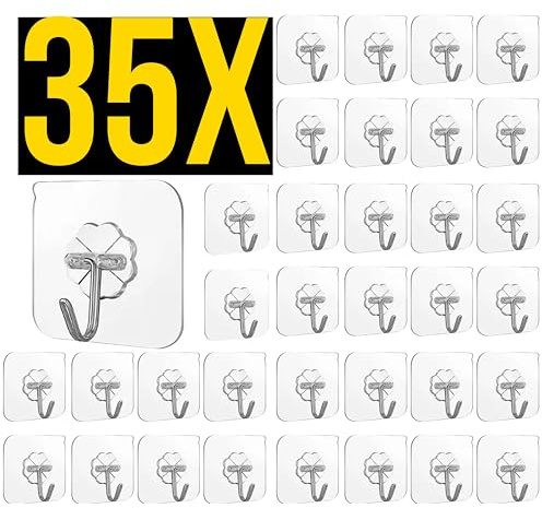 jaramari® Ganchos Adhesivos Transparentes (35 Unidades) – Potente Fijación, Impermeables – Sin Taladro, para Cocina, Baño y Hogar