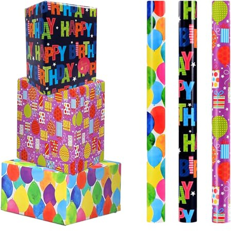 Geschenkpapier Geburtstag Kinder, XINOUKJ 3 Rollen Geschenkverpackung Set 43 cm x 3 M, Recycelbares Geschenkpapierrollen für Hochzeiten, Partys, Babypartys, und Geschenke