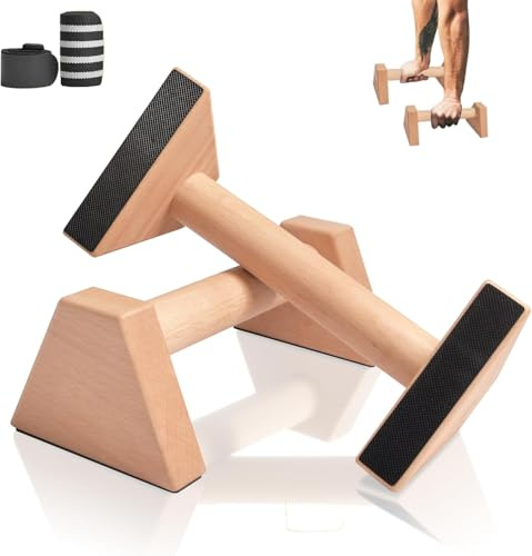 Wooden Parallettes Bars, Solid Push-Up Bars, Non-Slip Footed Handstand Bars, Calisthenics Equipment for Fitness, Gymnastics & Strength Training (Wrist Wraps Included)