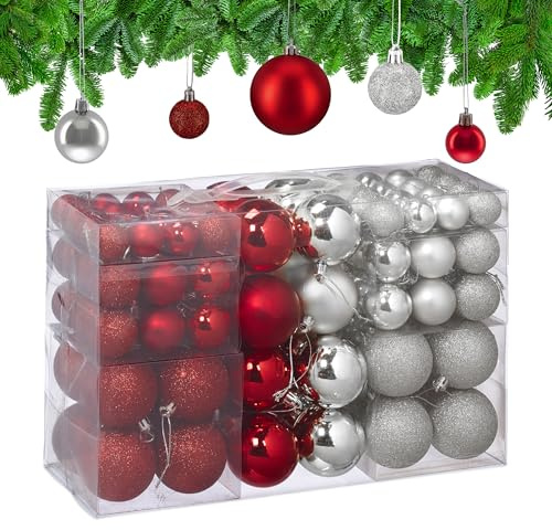 Relaxdays Weihnachtskugeln 100er Set, Weihnachtsdeko, matt, glänzend, glitzernd, Christbaumkugel ∅3, 4 & 6cm, Silber/rot