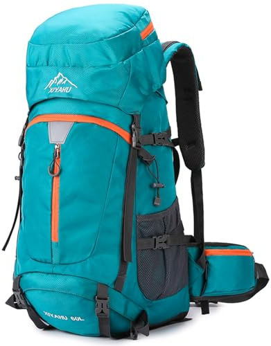 Vandringsryggsäck 60 l nylon ryggsäck för män kvinnor vattentät reseryggsäckar utomhus campingväska med regnskydd, Blå (Lake blå), 70*32*30cm/27.5*12.6*11.8in