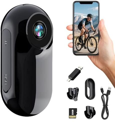 Afenau Mini caméra d'action 360 degrés pour moto avec carte mémoire de 32 Go, caméra d'action magnétique 1080p, caméra de casque d'équitation, bodycam de moto, caméra de sport d'extérieur avec écran