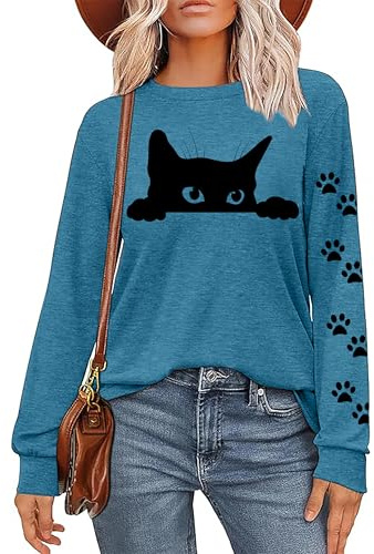 VVNTY Cat Shirt Cat T Shirt Women Meow Printed Shirts Ladies Casual Cute Cats Long Sleeve Top