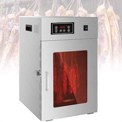PRMTYUP Secador De Embutidos Giratorio De 360°, Secador Industrial De 800 W con Temporizador Digital De 24 Horas, con Temperatura Regulable De 30 A 90 °C, con 14 Ganchos Y Bandeja,Plata