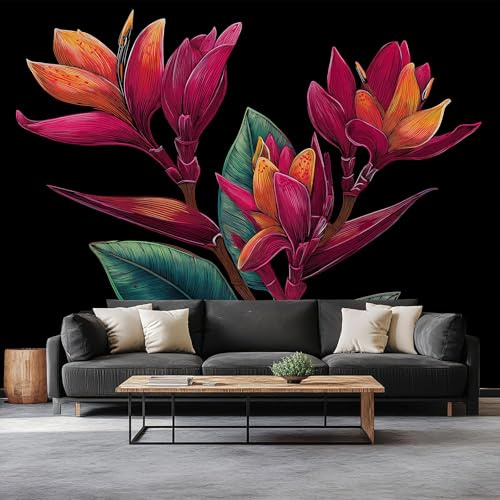 Negro Fondo de Pantalla PanoráMica 3d, Minimalista Tropical Flores Hojas Fotomurales Mural 350 x 256 cm (An x Al) – Decoración de Pared Para Sala Cuarto Oficina y Salón