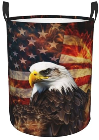American Flag Fire Eagle Laundry Basket Foldable Laundry Hamper Waterproof Collapsible Washing Bin Clothes Bag Freestanding Dirty Clothes Hampers for Laundry, Bedroom, Dorm