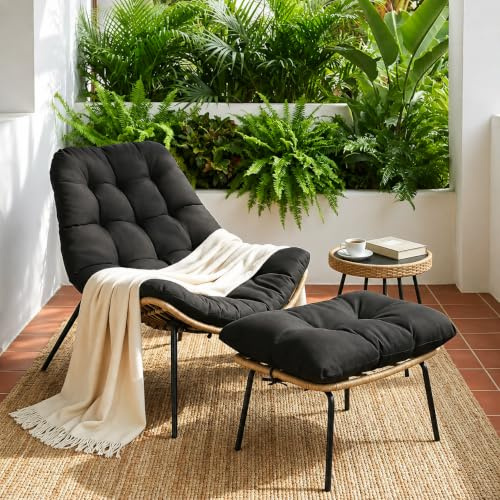LIFERUN Gartenstuhl mit Hocker, Loungesessel Rattan, Gartensessel Wetterfest, bis 120 kg, Balkonsessel mit Abnehmbarem Kissen, Waterproof, für Garten Balkon Hof Schlafzimmer Terrasse, Schwarz