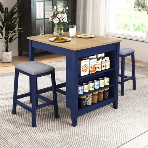 HOLTICO Breakfast Bar Table and Stools Set, Small Dining Table and 2 Chairs | Solid Wood Frame, 3-Tier Side Storage Shelves