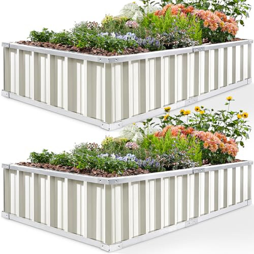 KING BIRD Raised Garden Bed 68 x 36 x 12 (2 Packs) Galvanized Steel Metal Outdoor Planter Kit Box for Vegetables, Flowers, Fruits, and Herbs, Ivory