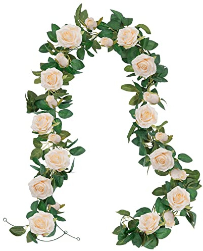 U'Artlines 3 Pack Artificial Champagne Rose Vines Floral Garlands Total 19.5 Ft Fake Vine Silk Flower Garland for Indoor Outdoor Home Wedding Arch Garden Wall Decoration