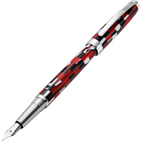 Xezo Stylo plume Urbanite II, plume fine. Acrylique à damier sportif rouge, noir et blanc sur laiton. Plaqué chrome. Fabriqué à la main, édition limitée, numéroté
