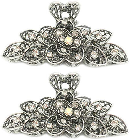 2 Stück Damen Retro Chic Strass Legierung ausgefallene Haarklammern – Vintage Blumen Haarclip Hochsteckfrisur Griff Haarschmuck für dickes Haar (weißer Diamant)