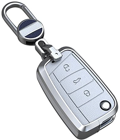 ontto Autoschlüssel Hülle Abdeckung Passt für VW Golf 7 MK7 Jetta T-ROC Seat Leon 3 Ibiza Ateca Skoda Fabia Karoq Metall Leder Schlüsselcover Schlüsselanhänger Schlüsselhülle Schlüsselschutz-Weiß