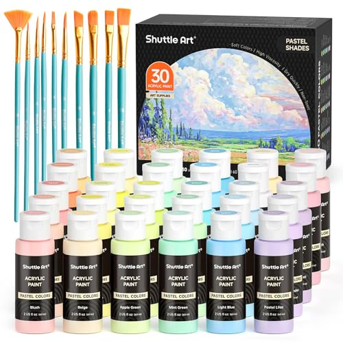 Shuttle Art Colori Acrilici per Dipingere Pastello,30X60ml, Acrilici per Dipingere con 10 Pennelli, Set Pittura Professionali per Artisti Principianti, Acrylic Paint su Tela Rocce Legno Ceramica