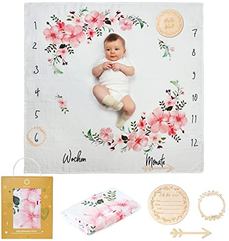 ODOXIA Baby Meilenstein Decke auf Deutsch | Baumwolle Musselin Tuch Baby | Pucktuch | Monatsdecke Baby Junge & Mädchen, Unisex | Blätter | Geschenk Für Mütter