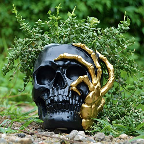 Skull Planter for Home Decor, Small Plant Pots Indoor, Mini Flower Pots for Indoor Plants, Plant Pot, Garden Succulent Planters, Gardening Pots with Drainage for Halloween Decorations(Black Gold Vase)