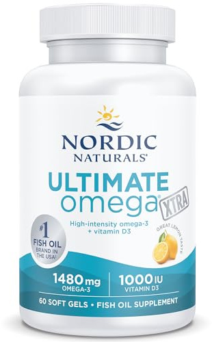 Nordic Naturals Ultimate Omega Xtra, 1480 mg, hochdosierte Omega-3-Fischölkapseln mit EPA, DHA und Vitamin D3, hochdosiert, Zitronengeschmack, 60 Weichkapseln, sojafrei, glutenfrei, ohne Gentechnik
