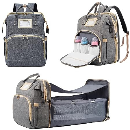 AZOOKEN Baby skötväska ryggsäck, multifunktionella babyväskor mamma axelväska för resor shopping camping med säng unisex för mammor och pappor, Grå