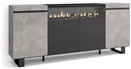 Skraut Home | Sideboard, Highboard | Kommode, Komodenschrank | 200x87x35cm | 4 Türen | Elektrokamin. Maße | Industriedesign | Moderner Stil | Zement