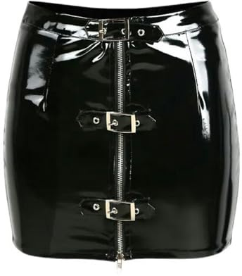 Gonna da Donna Sexy in Pelle Lucida con Cerniera Regolabile con Buco della Serratura a Vita Alta a Tubino per Feste, Club, Moda, Aderente, Minigonna Corta-Nero-M