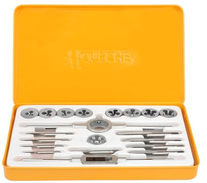 HOTECHE 20-teiliges Gewindeschneider Set - Profi Gewindeschneider und Gewindebohrer in gelber Farbe - Komplettset in einer orangen Eisenbox verpackt.