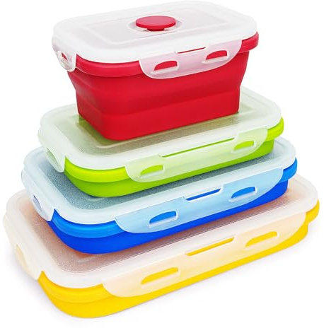 Lunbengo Silicone Bento Lunch Box, 4 in 1 Collapsible Meal Prep Containers Outdoor Food Storage Containers for Travel, Picnic, Camping, Microwave Safe