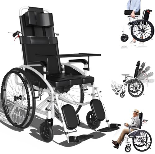 Bueuwe rollator schmal für wohnung, Pflegerollstuhl mit Liegefunktion, rollstuhl faltbar leicht, Liegender Transportrollstuhl Mit Abnehmbarer Kopfstütze Und Anhebbarer Beinstütze
