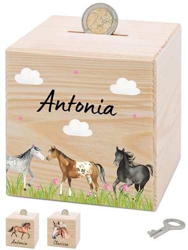 Bärenfreunde® - Personalisierte Spardose Kinder aus Holz mit Metallschloss - Spardose mit Namen mit kinderfreundlichem UV-Druck zum Sparen für Kinderträume (3 Pferde auf Wiese)