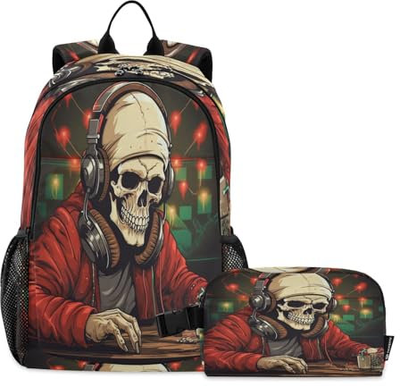 LINNIKEEEE Fantastico Dj Di Natale Set Zaino per Studenti Borsa per Il Pranzo,Borsa Scuola Leggera Resistente per Ragazzi Ragazze