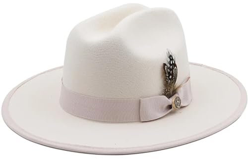 WOYUANSHA Cowboyhüte Feder-Party-Hochzeitshüte Für Damen Elegante Kirche Filz-Fedoras Herren Goth Vintage-Fascinator Jazz-Kappen 56 Bis 58 cm Creme