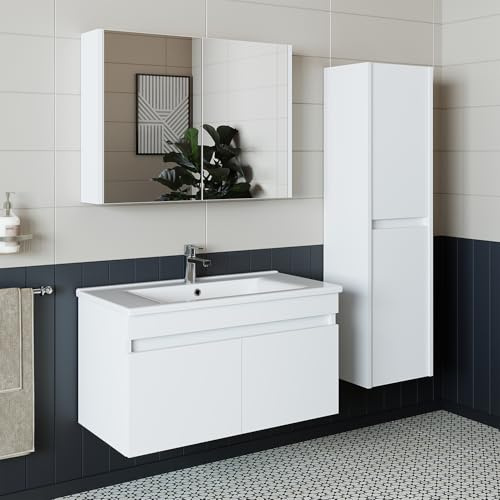 ROOMART • Badmöbel Set • Atria • 65 cm, 85 cm, 100 cm • Weiß • Waschbecken mit Unterschrank • Spiegelschrank • Hochschrank (Komplettset, 85 cm)