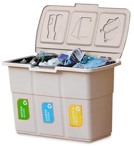 Avilia Cubo de basura con 3 compartimentos para recogida selectiva de residuos de 25 l, color pardo – 75 l en total, diseño compacto, tapas abatibles, plástico resistente, ideal para casa y oficina