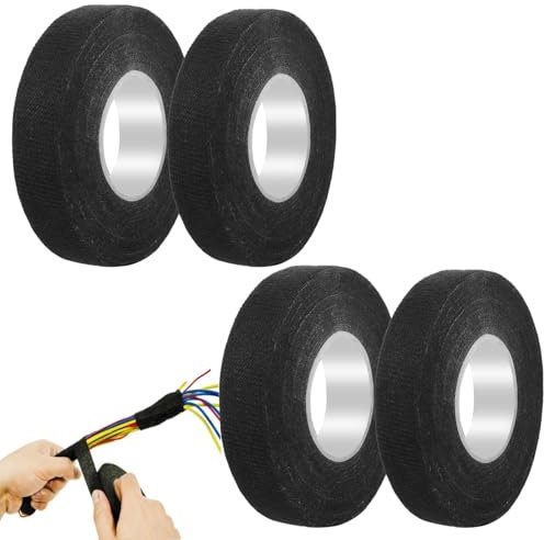 OMBRISA Cinta Aislante Negra 4 piezas, Cinta Adhesiva de Tela 2 Tamaños, Cinta de Tejido Industrial, Cinta Aislante Cables Eléctricos para Envolver Arnés de Cables de Coche (19mm x 15m/15mm x 15m)
