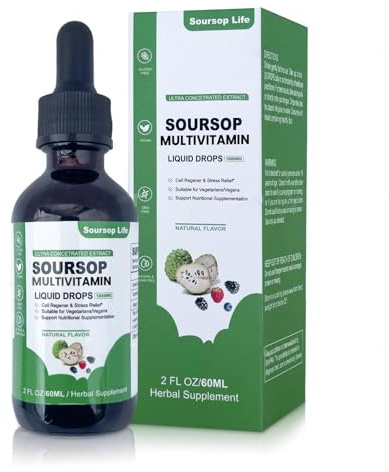 Soursop multivitamin Drop Natural Energy Booster, Immune Support, Vegan,Gluten Free,Non-GMO Vitamin B6,C,D, 60ml