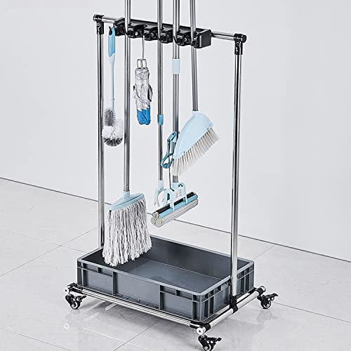 Mop Holder,Removable Janitorial Carte with Hook, Stainless Steel Cleaning Trolley on Wheels, Broom And Mop Rack for Garages, Hotels, Schools, Restaurants,5slots