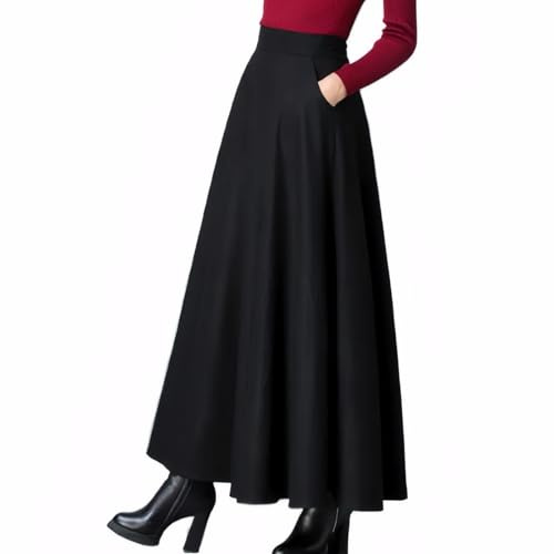 Cicilin Lång vinterkjol, elegant, hög midja, veckad en linje, avslappnad, varm veckad kjol med fickor, Svart, XS