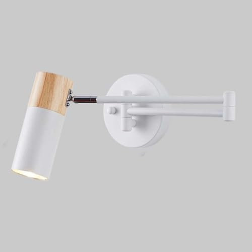 AoLa Schwenkarm Wandleuchte Verstellbare Langer Arm E27 Holz Wandlampe Innen 350°Drehung Moderne Nachttischlampe Wand Leselampe Für Schlafzimmer Wohnzimmer Kinderzimmer(Mit Leuchtmittel) Weiß