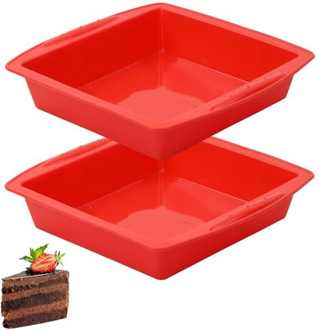 KTHZI 2 Pack Brownie Square Cake Tin Silicone Baking Trays,2PCS Silicone Cake Moulds Set for Baking,21.5x20x5cm,Red