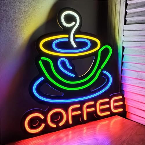 NELUX Coffee - Luces Neón LED Decoración Rincón Café o Pared Cafetería Barra, Letrero Luminoso LED Decorar Coffee Corner Bar, Cartel Luz Restaurante o Pub. Incluye mando a distancia y Adaptador