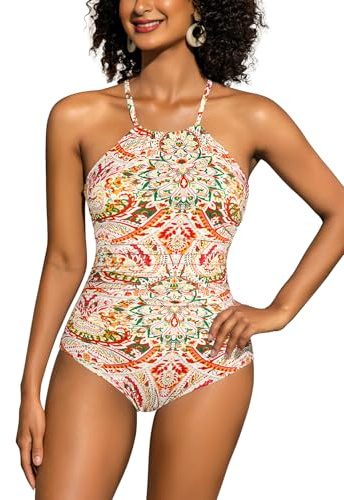 SHEKINI Damen Badeanzug Einteilige Bademode Strandmode High Neck Verstellbarer Swimsuits One Piece Badeanzüge Schwimmanzug mit Gekreuzten Trägern
