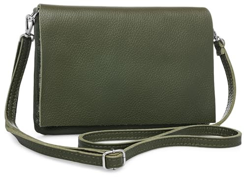 Caspar Stilvolle Leder Clutch Abendtasche Damen Umhängetasche mit verstellbarem Schultergurt - CLASSIC LINE - Modell No.839 - Made in Italy, Farbe:olivgrün
