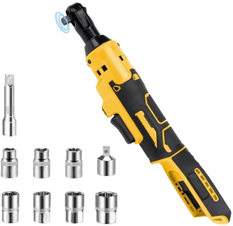 3/8 Cordless Ratchet Wrench for Dewalt 18V/20V Battery, 80N.m Extended Electric Ratchet Wrench Tool Kits with 9 Sockets,16cm Ratchet Wrench with LED Light,1/4 Adapter Powered Ratchet (No Battery)