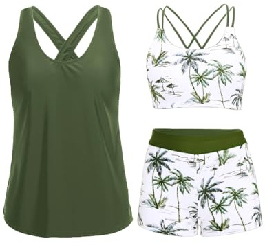 Holipick Green Palm Tree 3 Piece Tankini Swimsuits for Women Tummy Control Bathing Suits Swim Tank Top with Bra Boy Shorts Teen Swimwear XL