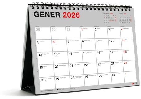 Miquelrius - Calendrier de bureau 2026 Basic, organiseur annuel A5 : 210 x 148,5 mm, avec espace pour noter, planificateur 12 mois, reliure spirale double, catalan