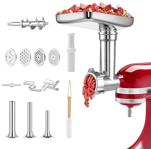 Edelstahl Fleischwolf Aufsatz für Kitchenaid, Mit 4 Mahlscheiben 3 Klingen 3 Wurstfüller 1 Burgerpresse & Reinigungsbürste, Fleischwolf Zubehör Set (Ohne Maschine)